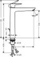 Einhebel-Waschtischmischer von Hansgrohe mit Höhen- und Laufmaß. Zeichnung zeigt Dimensionen, Anschlussmöglichkeiten und einen Zugstangen-Ablauf.
